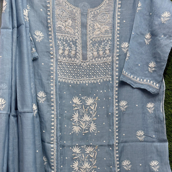 Semi-Stitched Pure Mul Chanderi Silk – Lucknowi Chikan with Hand Embellishments