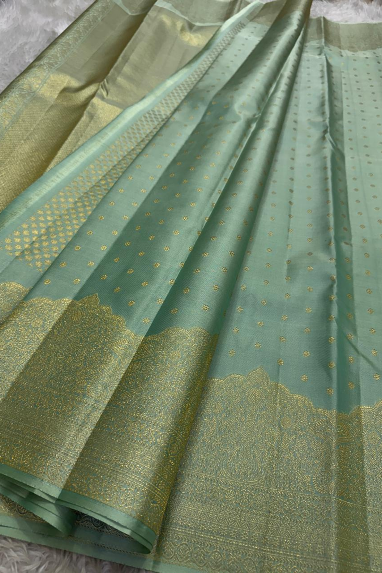 Authentic Silk Mark Certified Kanjivaram Silk Saree – Sea Green with Golden Zari