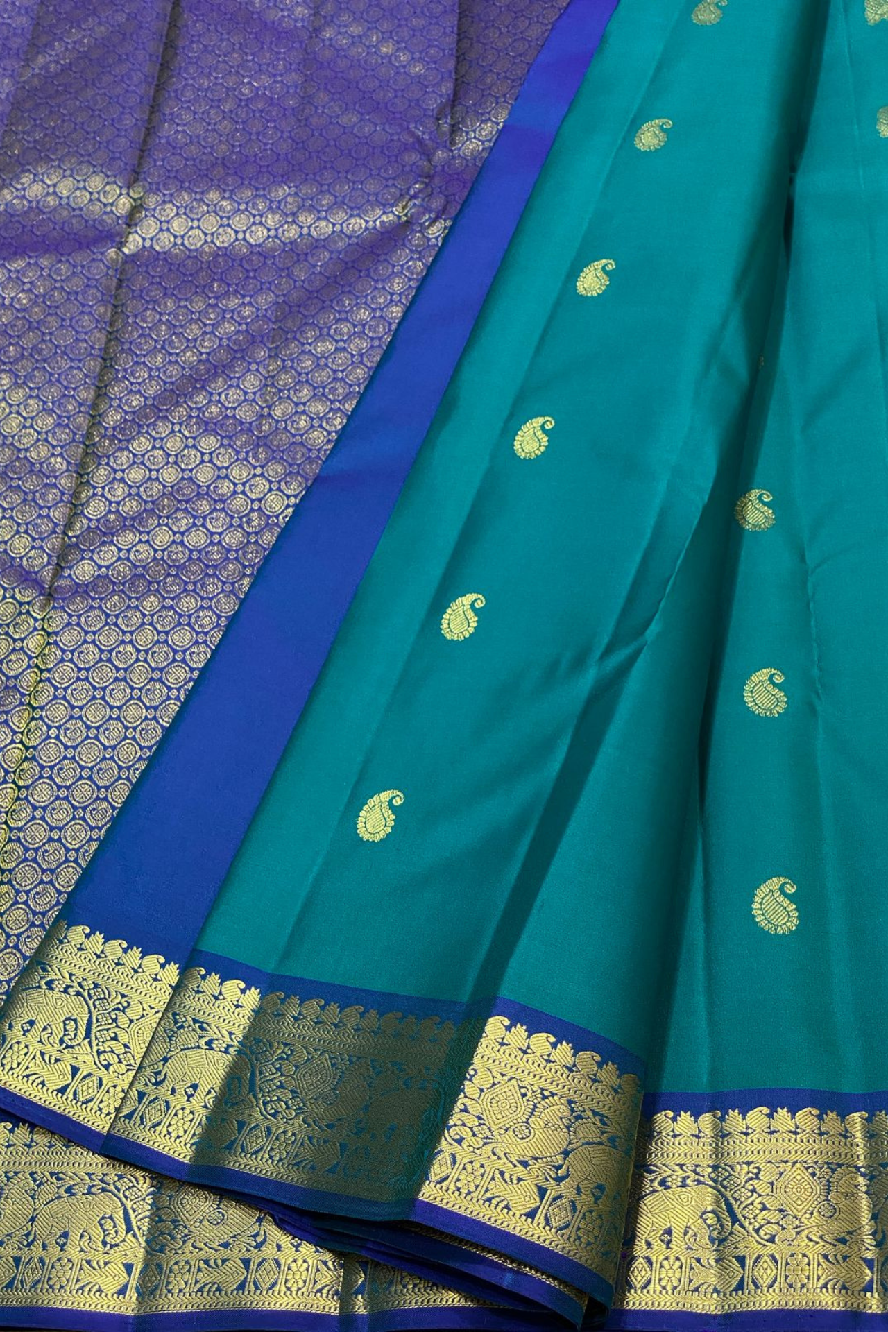 Authentic Silk Mark Certified Kanjivaram Silk Saree – Teal with Royal Blue Border