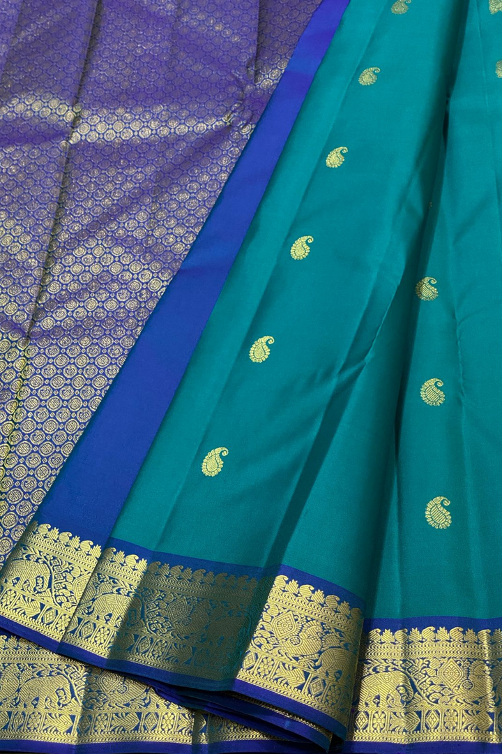 Authentic Silk Mark Certified Kanjivaram Silk Saree – Teal with Royal Blue Border