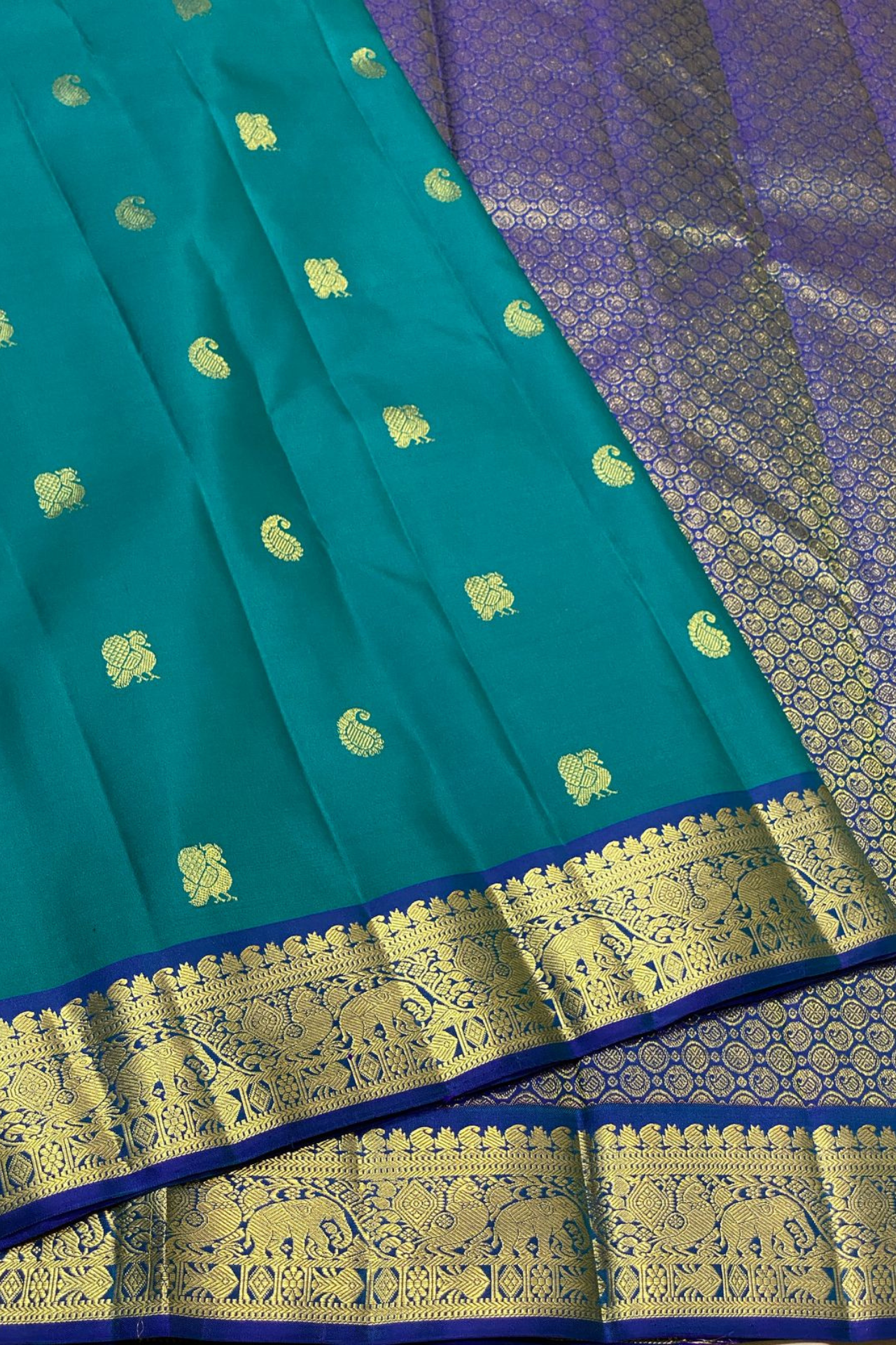 Authentic Silk Mark Certified Kanjivaram Silk Saree – Teal with Royal Blue Border
