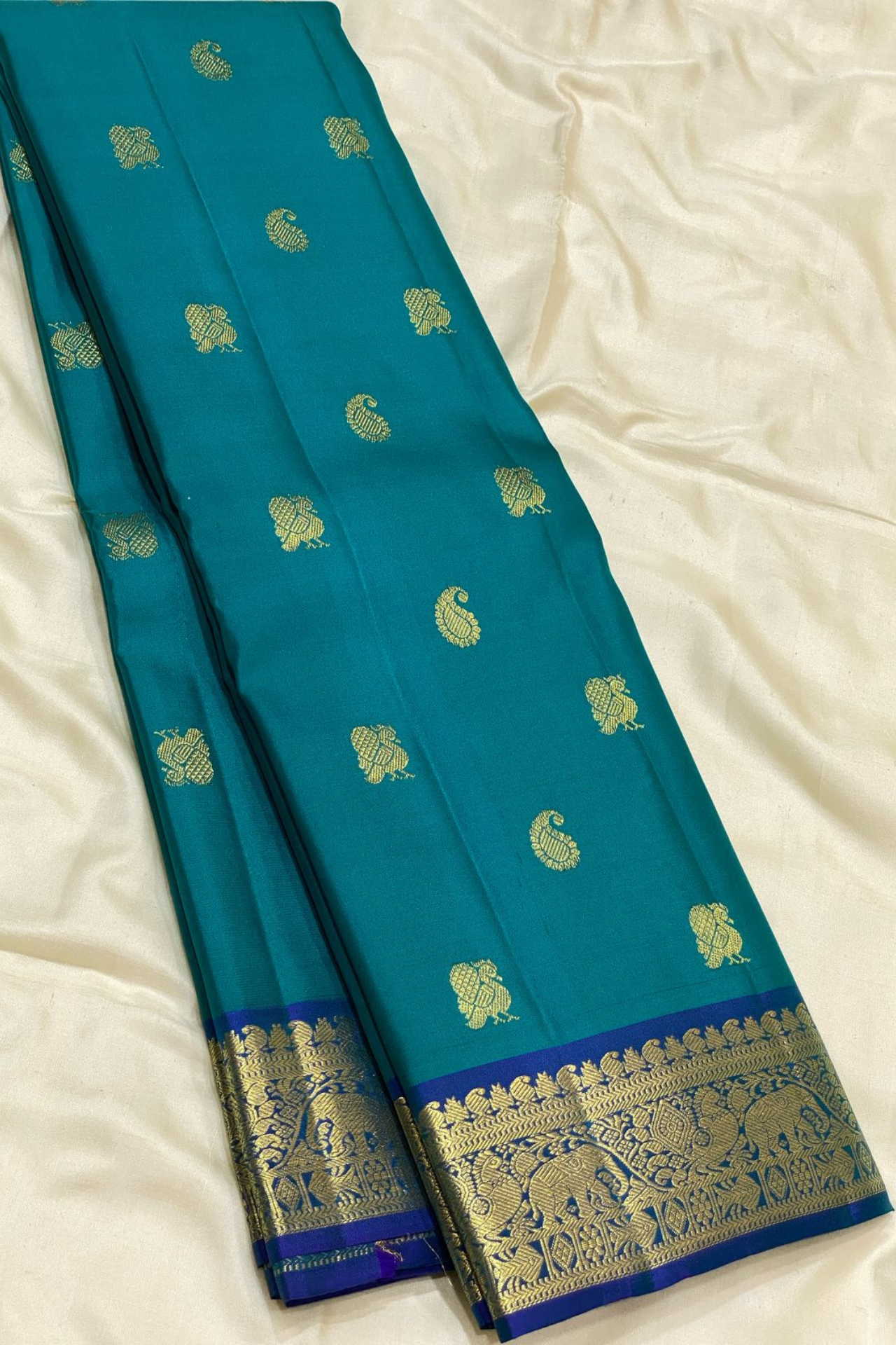 Authentic Silk Mark Certified Kanjivaram Silk Saree – Teal with Royal Blue Border