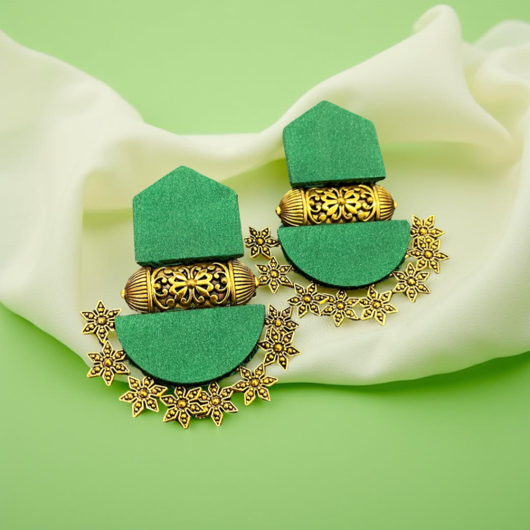 Green Geometric Floral Earrings – Contemporary Ethnic Fusion Jewelry