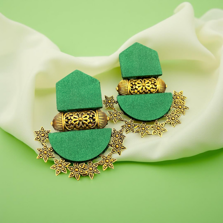 Green Geometric Floral Earrings – Contemporary Ethnic Fusion Jewelry