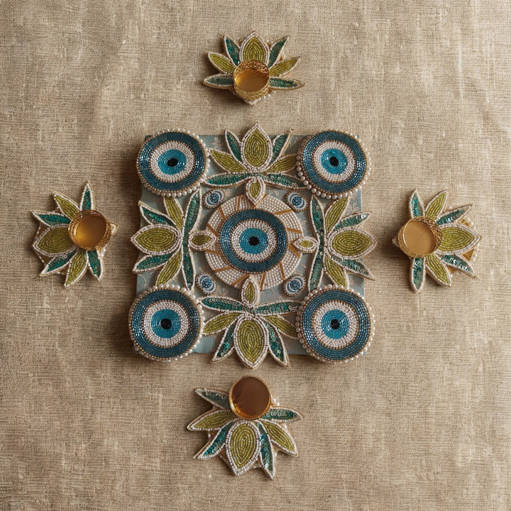 Handcrafted Beaded Rangoli Tealight Holder Set