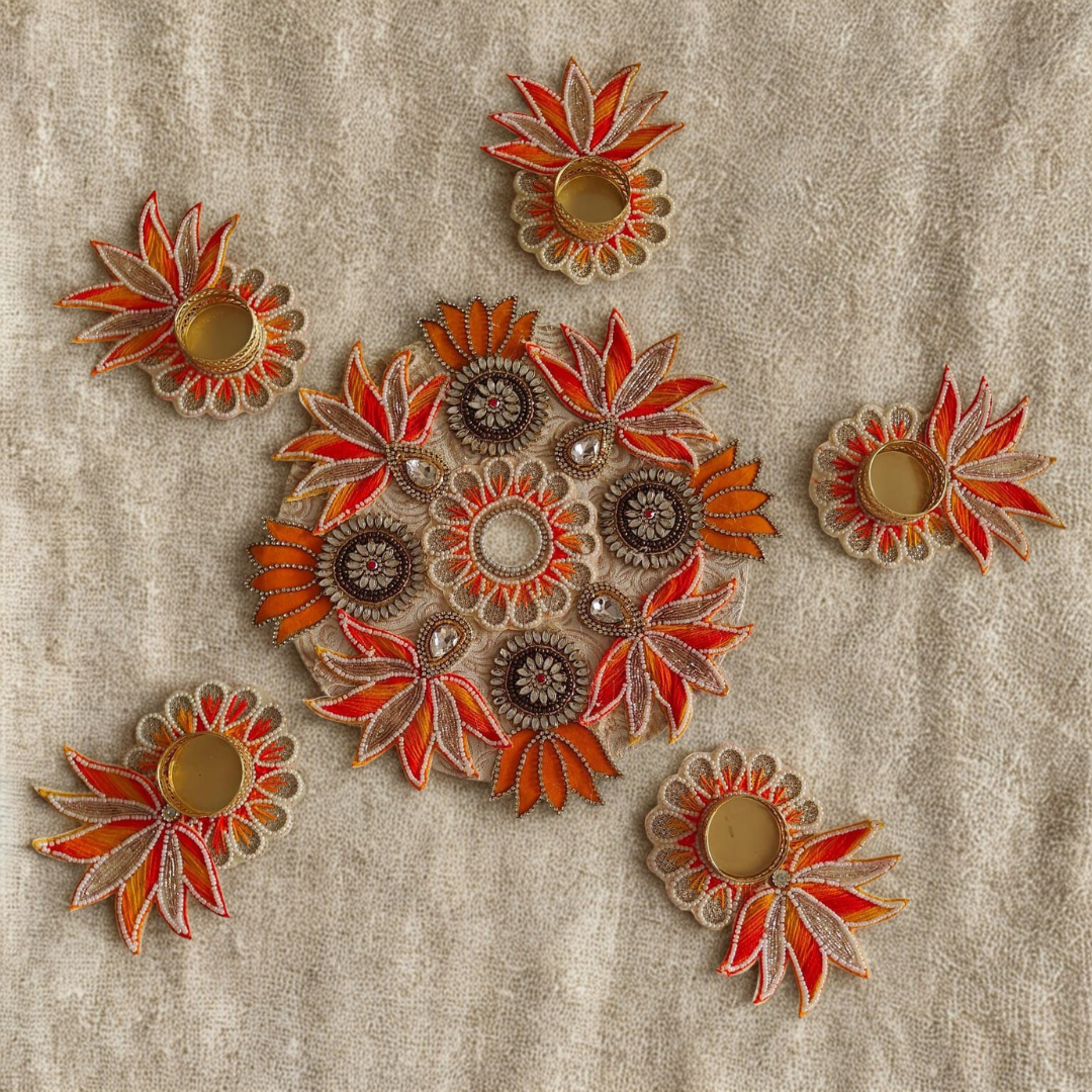 Handcrafted Beaded Rangoli Tealight Holder Set