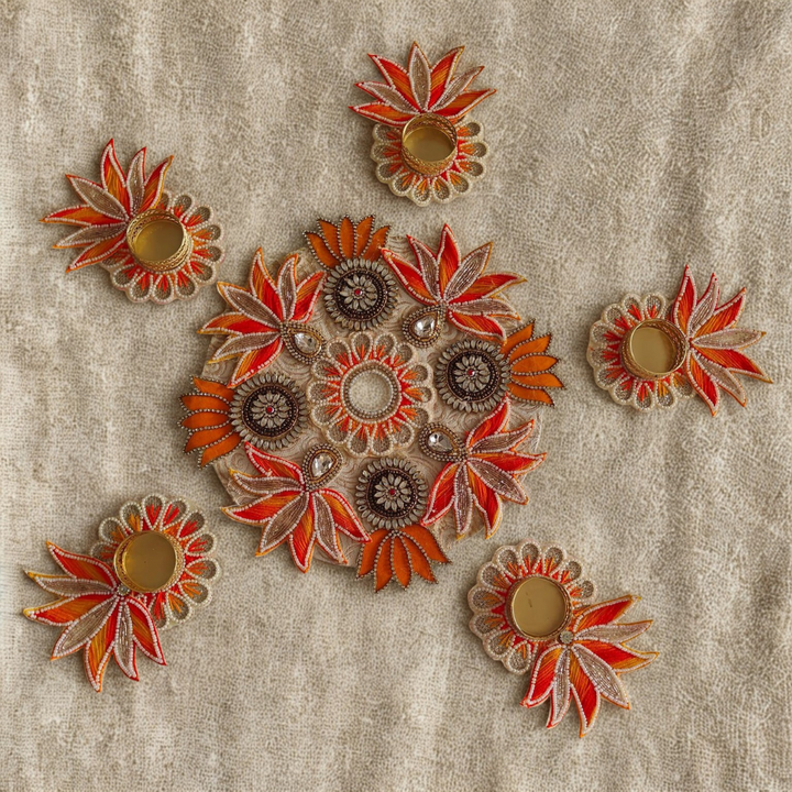 Handcrafted Beaded Rangoli Tealight Holder Set