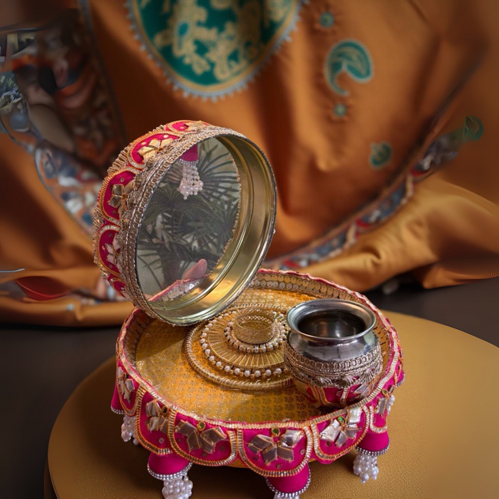 Karwa Chauth Golden-Pink Puja Thali Set
