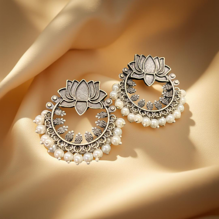 Lotus Pearl Oxidized Earrings – Elegant Ethnic Jewelry