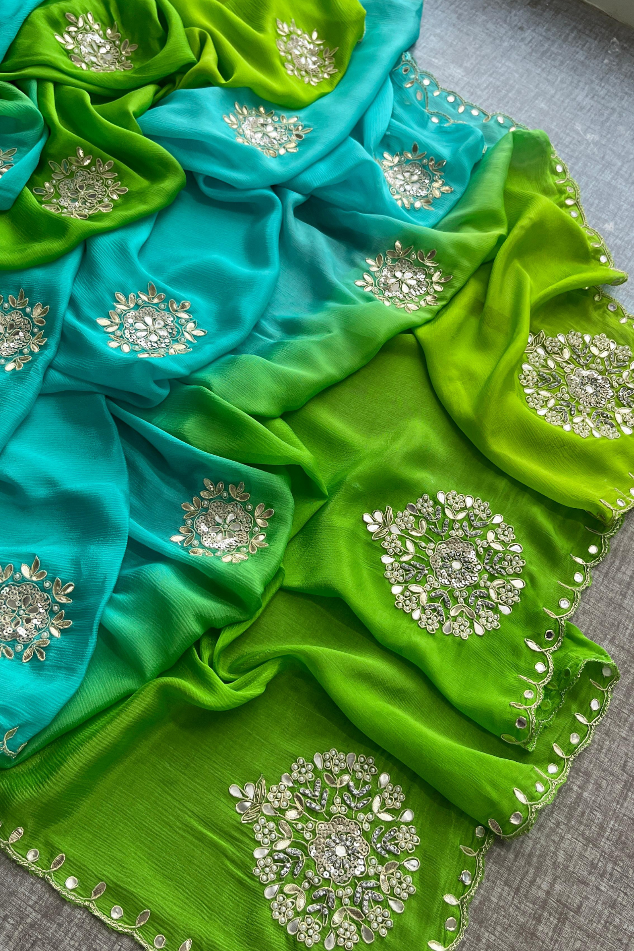 Pure Chinon Crepe Saree – Dual Tone Blue & Green with Hand Embellished Motifs