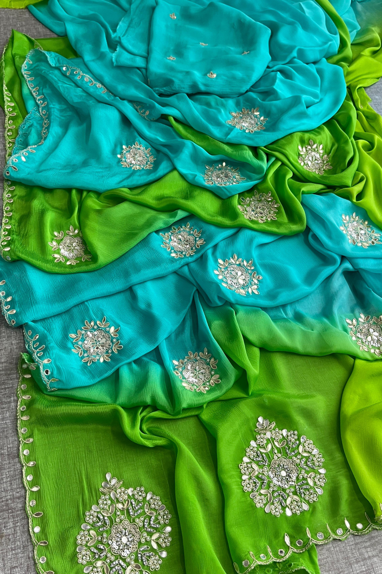Pure Chinon Crepe Saree – Dual Tone Blue & Green with Hand Embellished Motifs