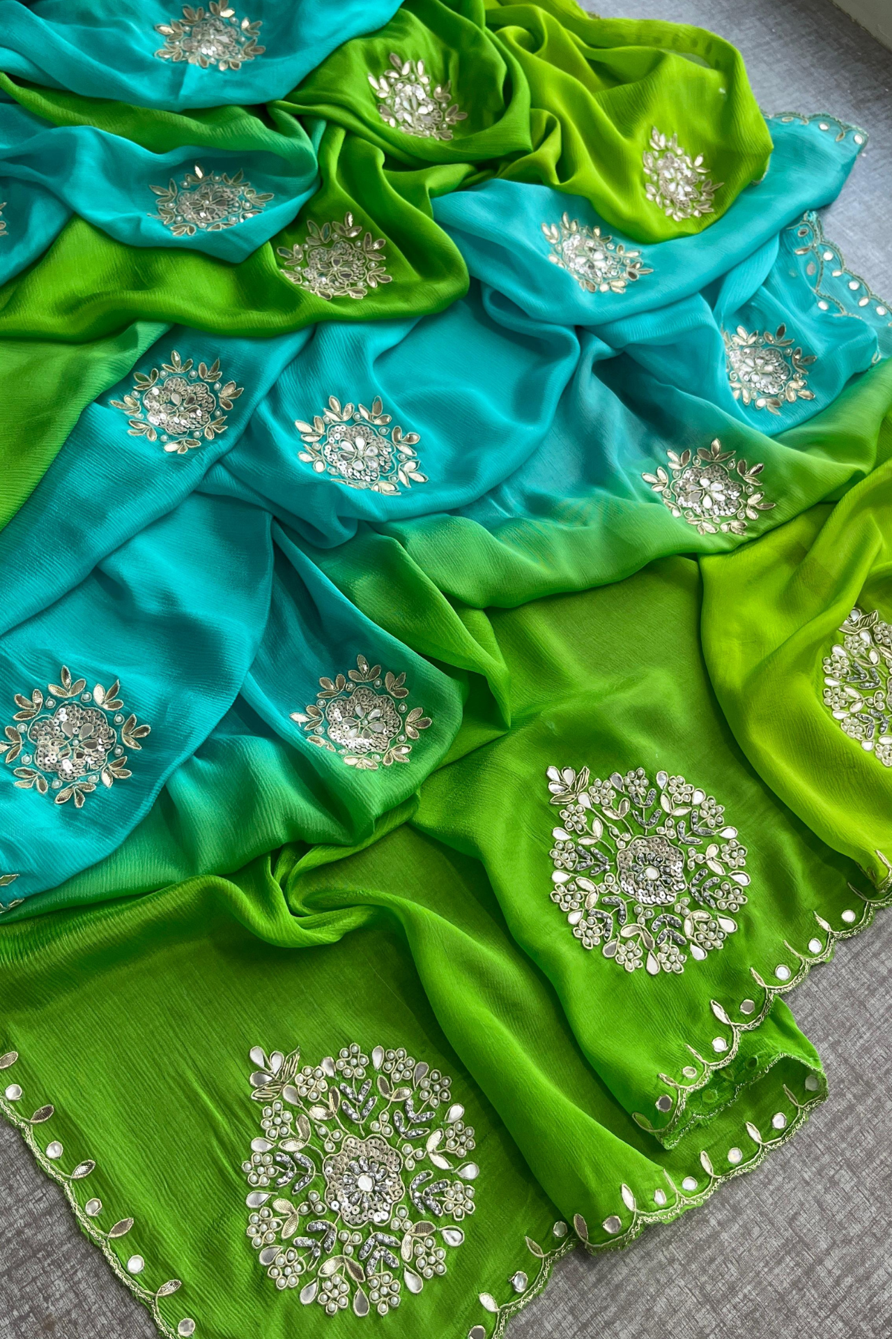 Pure Chinon Crepe Saree – Dual Tone Blue & Green with Hand Embellished Motifs