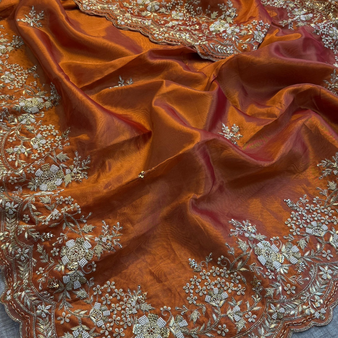 Pure Tissue Handloom Silk Saree – Burnt Orange with Intricate Hand Embroidery