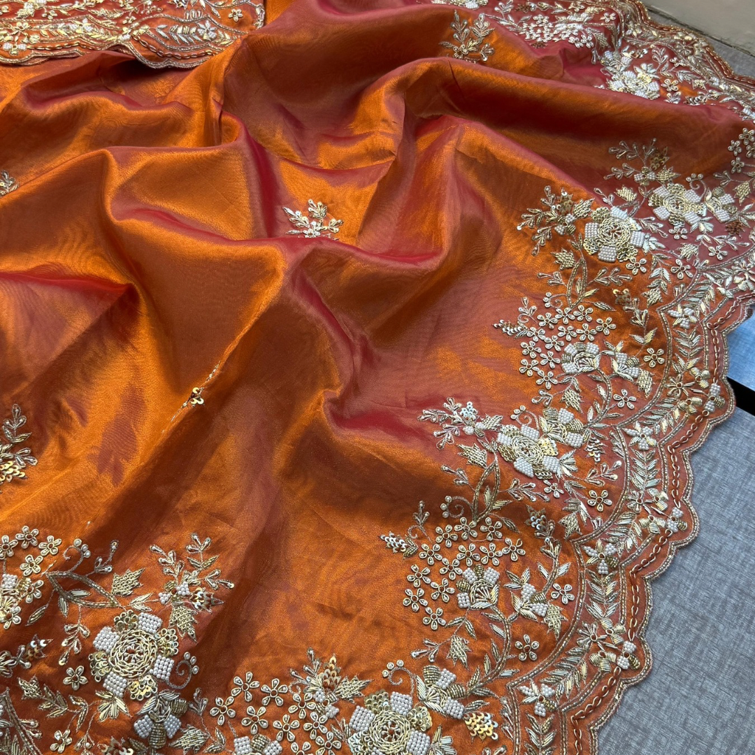 Pure Tissue Handloom Silk Saree – Burnt Orange with Intricate Hand Embroidery