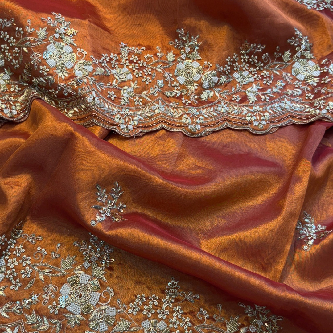 Pure Tissue Handloom Silk Saree – Burnt Orange with Intricate Hand Embroidery