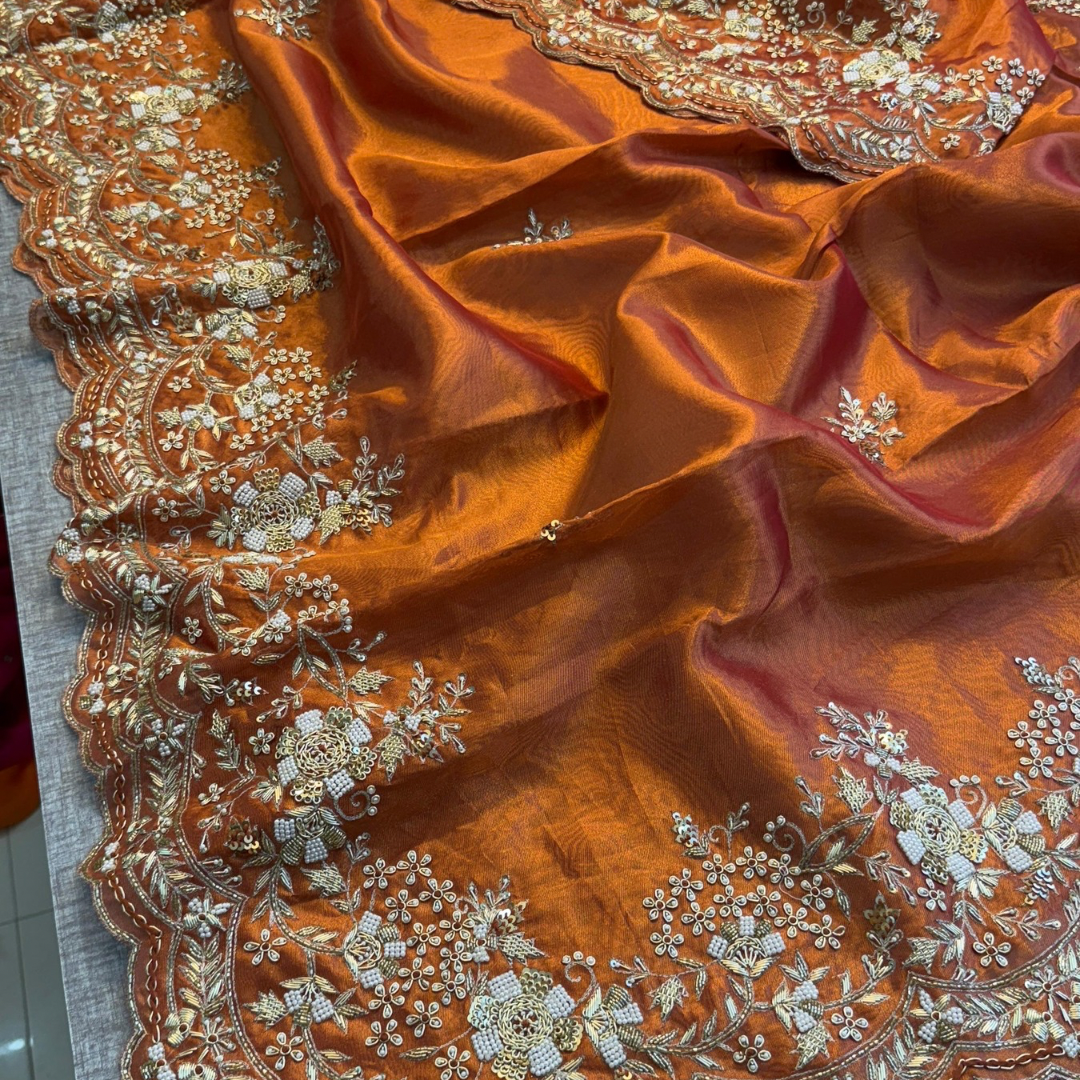 Pure Tissue Handloom Silk Saree – Burnt Orange with Intricate Hand Embroidery