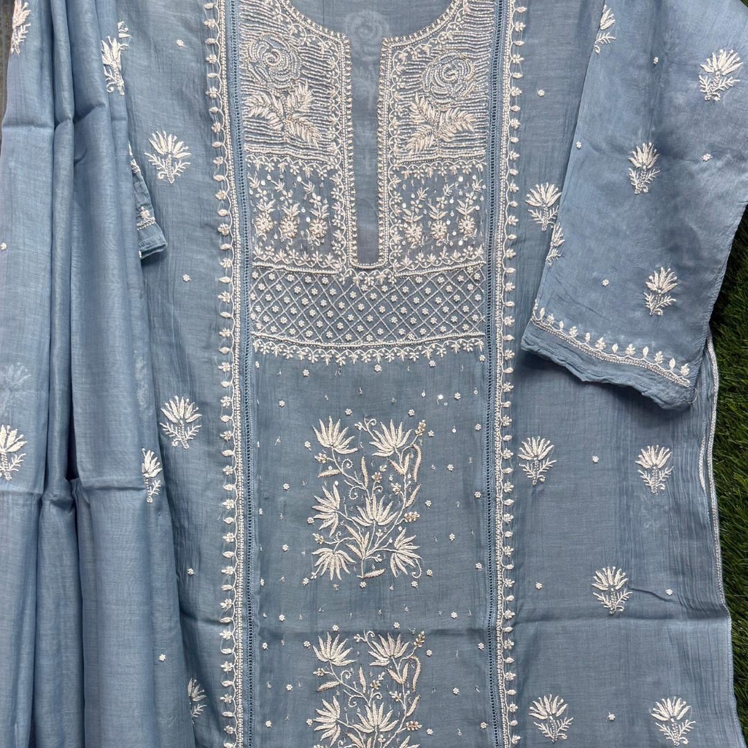 Semi-Stitched Pure Mul Chanderi Silk – Lucknowi Chikan with Hand Embellishments