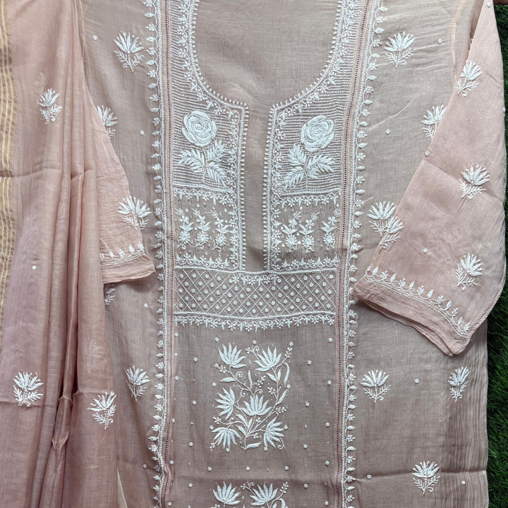Semi-Stitched Pure Mul Chanderi Silk – Lucknowi Chikan with Hand Embellishments