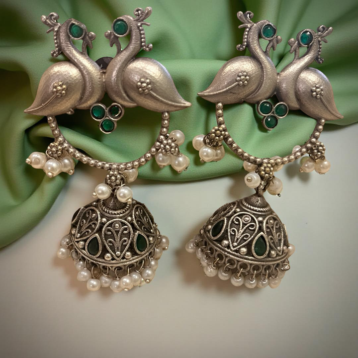 Silver Dual Peacock Jhumka Earrings – Traditional Ethnic Jewelry